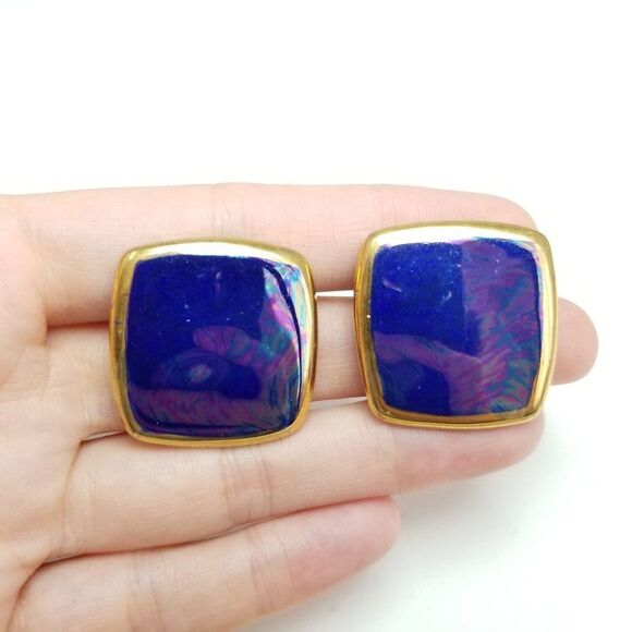 Vintage Blue Square Studs with Iridescent Finish and Gold Tone Border Earrings - Picture 2 of 6